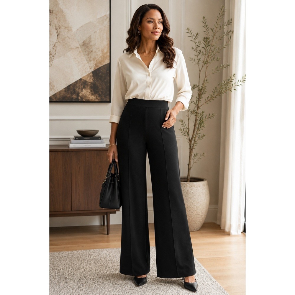 JNY Jones New York Black Wide Leg Knit Pants XL Pull‎ On Stretch Career Casual